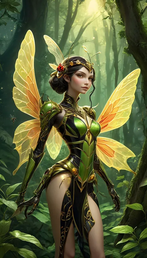 (((  surrenders ))) photograph,( super detailed face),((light)),A fantastical depiction of three insect-inspired fairy sisters, reminiscent of the Magus Sisters, standing together in a mystical, glowing forest. The tallest sister resembles a mantis with a ...