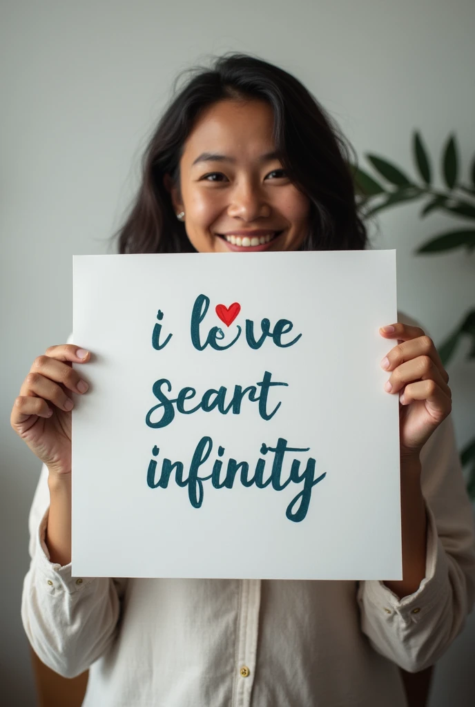  is showing the audience a tender, tender, tender white board showing off , "I Love Seaart Infinity" written on it to show it to the audience