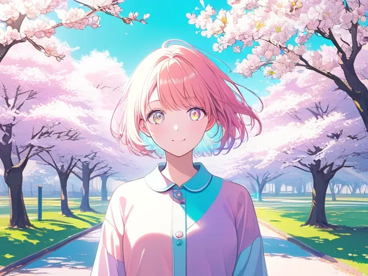 ((Halftone, front lighting, vibrant colors)), pastel colors,
((Highly detailed beautiful woman, detailed facial expression, detailed eyes, full body)), short hair,
(pale shades, pastel colors),
background is spring landscape, cherry blossoms, cherry blosso...