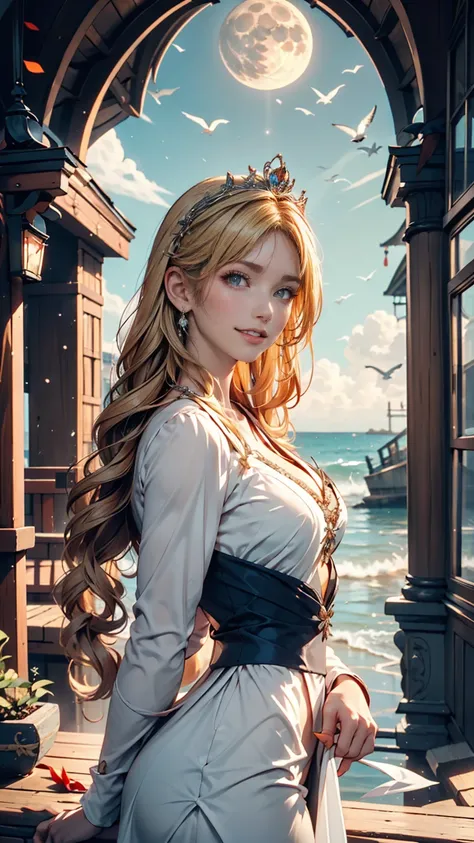 ,(( best quality))),8k,((masterpiece)),(Extremely sophisticated and beautiful), A girl emerges from the sea,  the swan princess in Russian mythology , Beautiful calm face,  blue eyes,  long blonde hair braided , Moon braid at the back of the head,  white o...