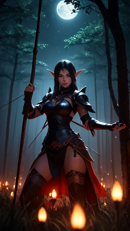 A dark elf woman in a mysterious nighttime forest, with jet-black skin and long, flowing silver hair. Her golden eyes glow intensely as she aims an ancient bow imbued with red, glowing energy directly at the viewer. Her stance is confident and resolute. Sh...