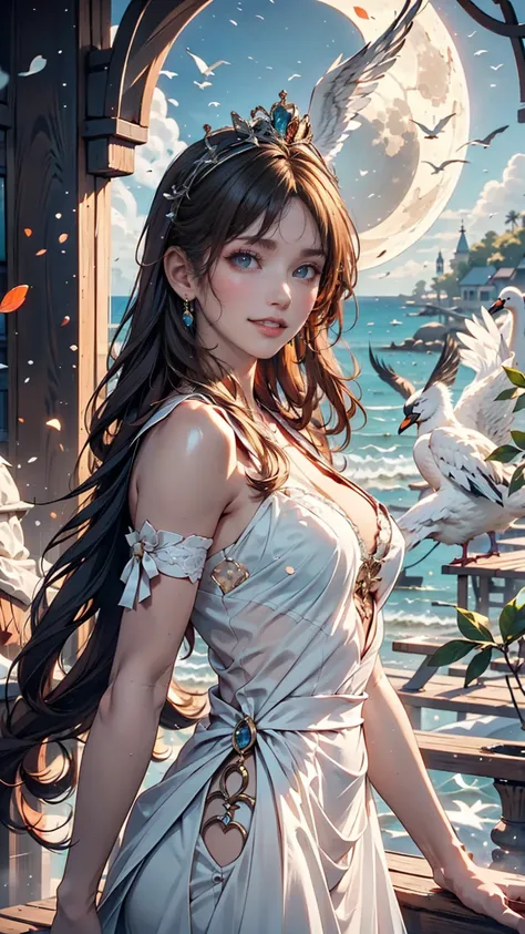 ,(( best quality))),8k,((masterpiece)),(Extremely sophisticated and beautiful), A girl emerges from the sea,  the swan princess in Russian mythology , Beautiful calm face,  blue eyes,  long blonde hair braided , Moon braid at the back of the head,  white o...