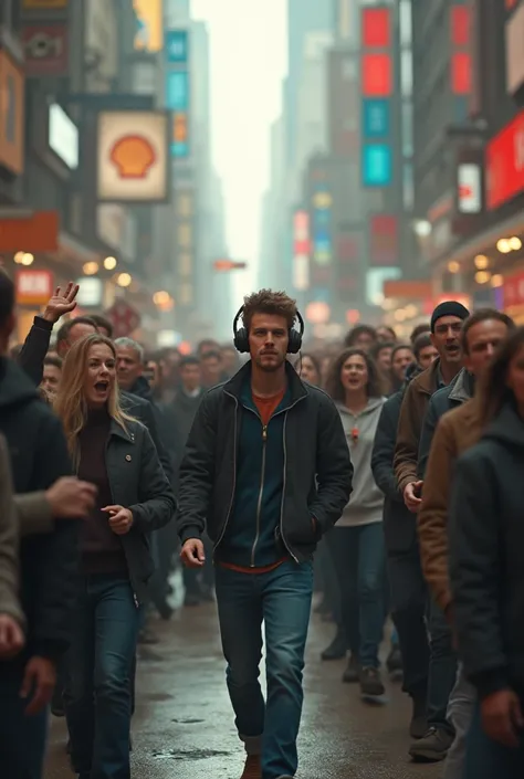 Create an image of a person walking with headphones focused and around them jealous people talking out loud yelling at them