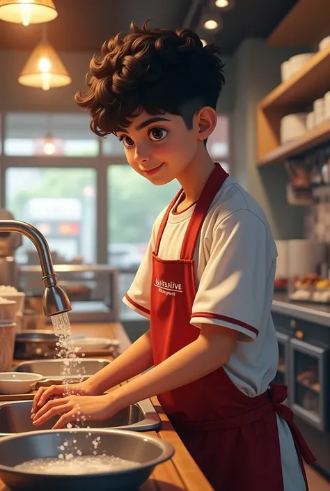 Malaysian male youth, slightly curly hair, washing dishes in bakery kitchen, wear worker uniform with name tag written name Luxi_Ferrite 