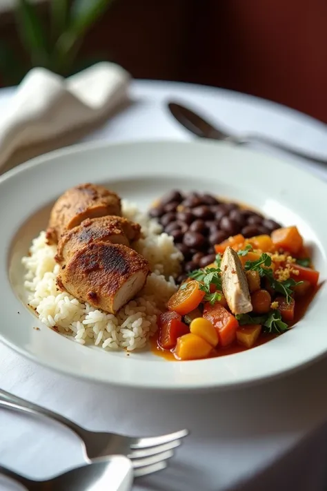  A culinary presentation of a sliced lizard that includes a stuffed lizard,  elegantly arranged on a white porcelain plate . The accompaniment includes loose white rice ,  seasoned beans and a colorful salpicão with fresh vegetables and shredded chicken . ...