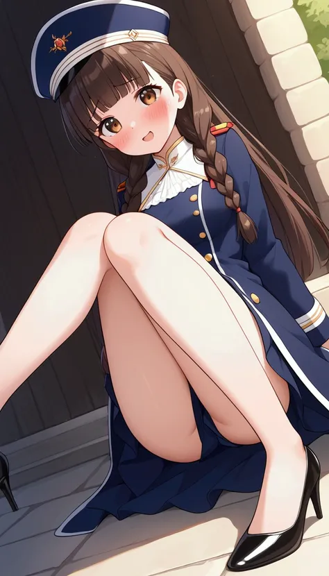 { best quality], [Very beautiful], [Ultra fine], [Best illustration], source_anime,stand,Brown Hair,hime cut,Long Hair,Braids,Excited face,Cutesy,Uniform cap, black long coat, skirt,Beautiful breasts,Black heels,Bare legs, slender, blush,Woman looking up,E...