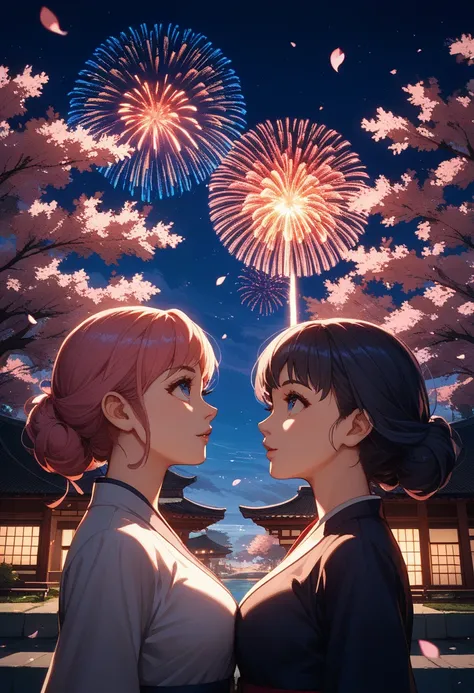 Row of cherry blossom trees in the night sky, big fireworks going off in the night sky, two girls looking up at the sky, dynamic angle, anime illustration, octane rendering, masterpiece, best quality, extremely detailed CG unity 8k wallpaper,