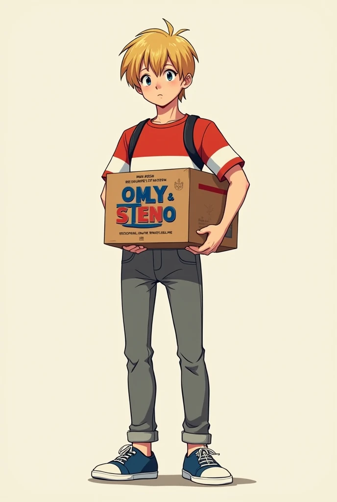 Tall teenager, with straight blond hair, wearing grey trousers and a red shirt with a white stripe, looking straight ahead, holding a box with a letter, blue and red with gold letters, cartoon illustration, rens book illustration , cartoon style illustrati...