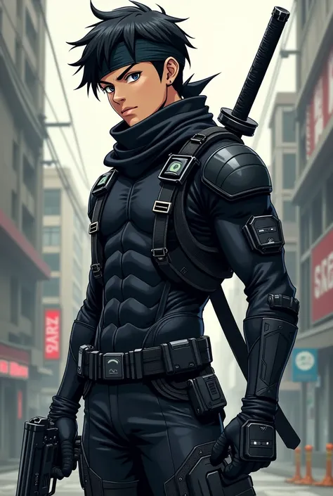  Give me a young superhero in a tactical black suit like Deadstroke with a black bandana and a katana on his back and guns , all in anime cartoon style , with more tactical details 