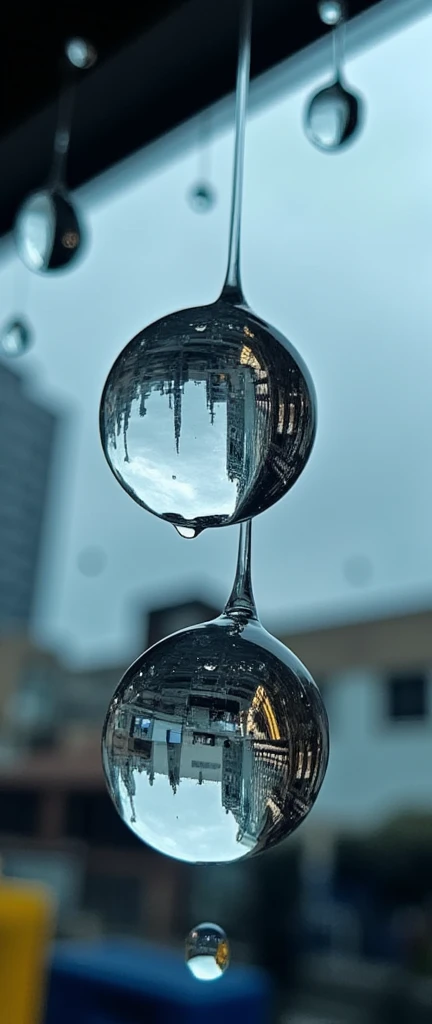 A photograph looking up at the sky. Many raindrops are falling. Focus on the raindrops. Each raindrop has a beautiful reflection of a cityscape. super close up of raindrops