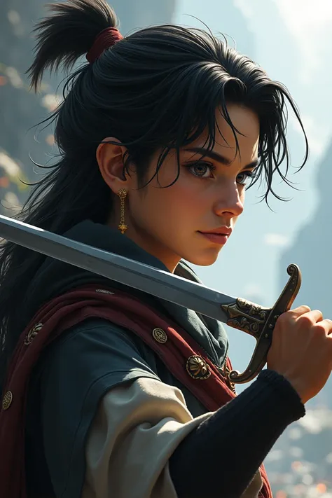 A 25-year-old Yukab with dark eyes and a sword in his hand will look to the right, his hair will be slightly longer and darker, and his attitude will be full.