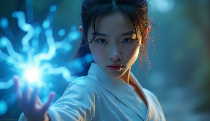 (artwork), (masterpiece), (best quality), Raw, 8K, masterpiece, extremely sharp focus, intricate details, a stunning young female in practicing martial art, The index finger pointed forward, the tip of the finger seemed to emit a faint, transparent blue li...