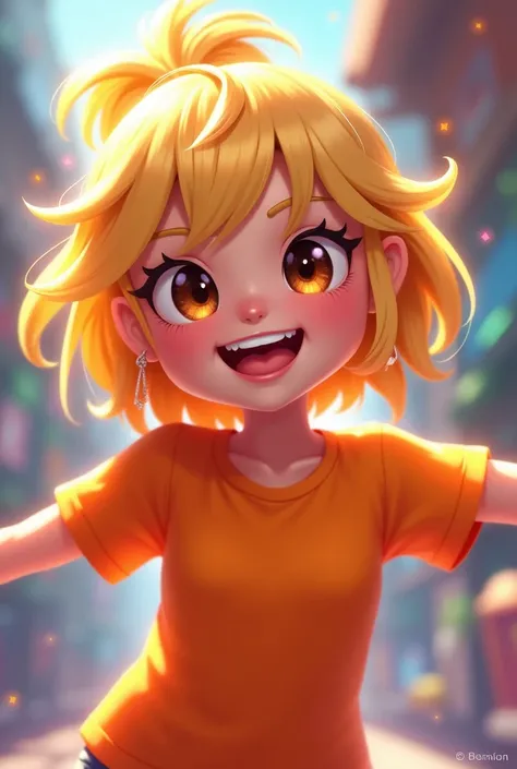 A game-style girl with blond hair and brown eyes wearing an orange t-shirt 
Features s
