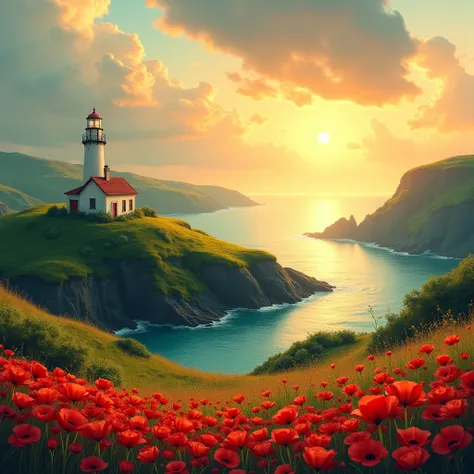 A vibrant and surreal landscape featuring a small, white lighthouse with a red-roofed house atop a green, isolated hill surrounded by calm blue waters. A river winds through bright fields of vivid red poppies, bordered by dark rocky cliffs, leading to the ...