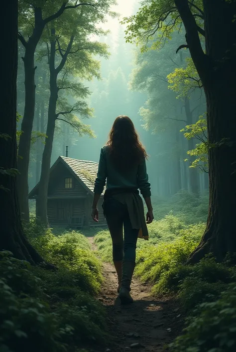 Woman in forest, looks serious as she walks to cabin