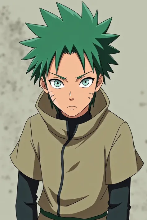 A 17-year-old boy, with green hair,  White eyes, high, with a beige outfit, with a serious expression. A ninja from Naruto Shippuuden 