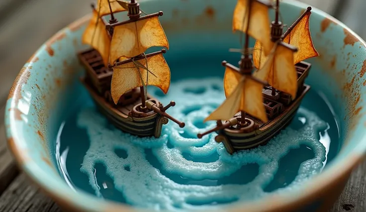 Masterpiece, best quality, macro photography and miniature models. Soft lighting and backlighting create a peaceful atmosphere. Background inside a large cup with water resembling the sea, warm colors, two old pirate ships facing each other entering a larg...