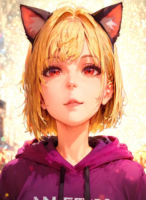 No. 3,  close, masterpiece,  best quality, Bokeh, cute,  colorful , ( needs to follow this prompt perfectly:1.5), The girl with light golden hair .  short hair . Cat ears.Red eyes. Purple hoodie. Black collar. cute.