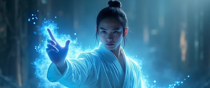 (artwork), (masterpiece), (best quality), Raw, 8K, masterpiece, extremely sharp focus, intricate details, a stunning young man in practicing martial art, The index finger pointed forward, the tip of the finger seemed to emit a faint, transparent blue light...