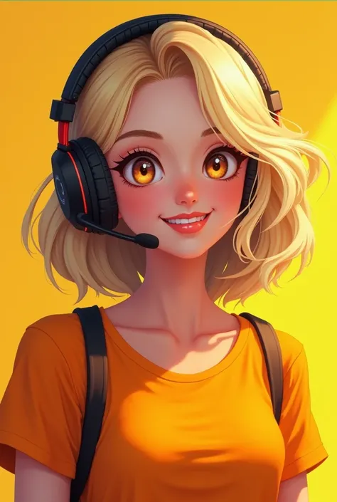 A gaming girl with blond hair and brown eyes wearing an orange t-shirt 
Features s
