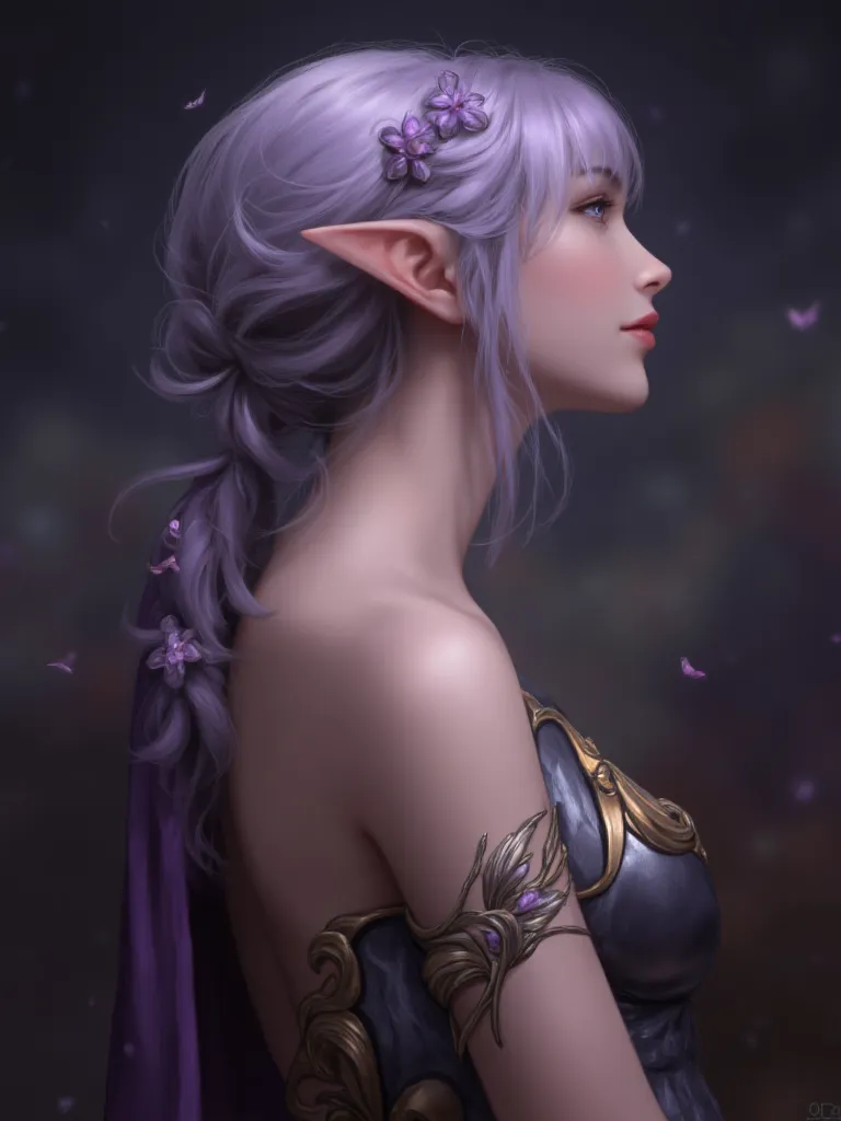 image is a digital painting in a fantasy style, featuring a side profile of an elf-like character. the subject has pointed ears ...