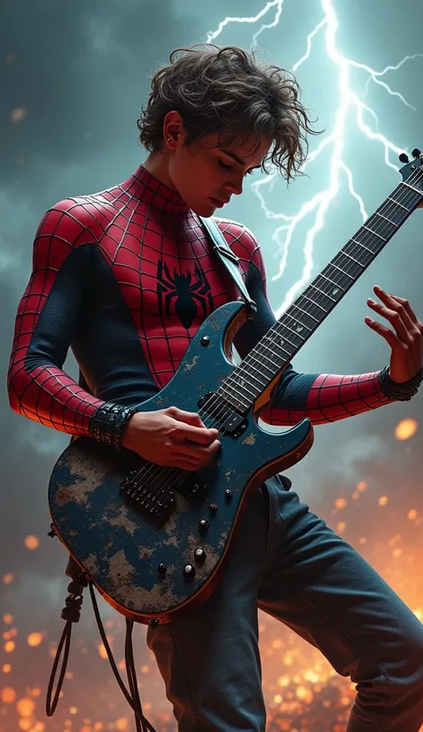 Rock Prodigy Spiderman plays the guitar against a backdrop of thunder and a very rock vibe.