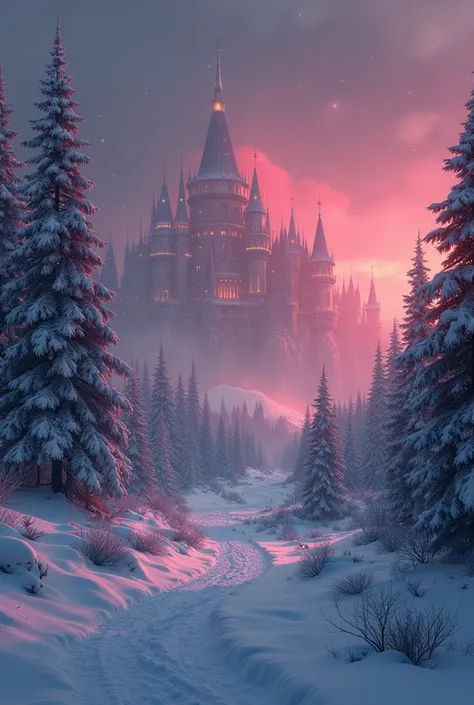 A snowfield where it snows black and red, (((Black and Red colored Snow:2))), ((black snow:2, red snow:2)), in the distance a large fantasy city casts a silhouette against the horizon, glowing like a jewel in the surreal landscape 