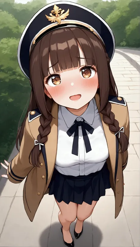 { best quality], [Very beautiful], [Ultra fine], [Best illustration], source_anime,stand,Brown Hair,hime cut,Long Hair,Braids,Excited face,Cutesy,Uniform cap, black long coat,White shirt inside , skirt,Beautiful breasts,Black heels,Bare legs, slender, blus...