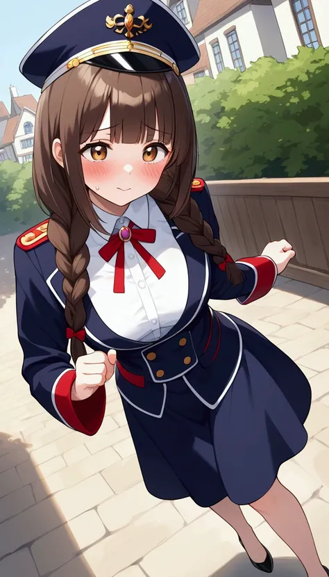 { best quality], [Very beautiful], [Ultra fine], [Best illustration], source_anime,stand,Brown Hair,hime cut,Long Hair,Braids,Excited face,Cutesy,Uniform cap, black long coat,White shirt inside , skirt,Beautiful breasts,Black heels,Bare legs, slender, blus...