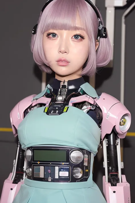 masterpiece, best quality, extremely detailed,portrait,front view,japaese android girl,plump,pastel color uniform, control panel...