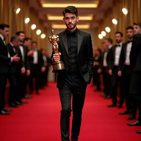 Real full-length photo of a boy with the trophy of a "golden lion" in his hand, behind him there is a writing the rose of the lion, he walks on the red carpet. Tall handsome Italian boy, short black hair, green eyes, short black beard. he is wearing a very...