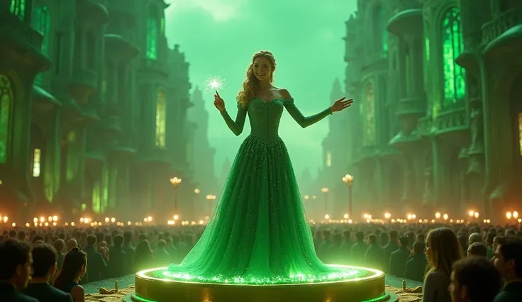 realista, fotografia, 8k, obra-prima, pessoas reais, Glinda stands atop a glowing platform in the center of the Emerald City square, addressing a massive crowd. Her wand sparkles as she waves it elegantly, her smile hiding inner turmoil.