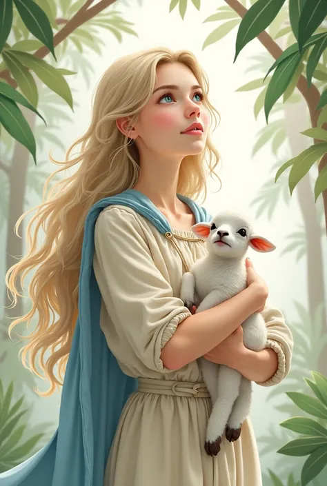 create a high definition image of a  girl, with long light hair, looking serenely upwards, wearing a beige linen tunic, blue cloak in her arms and holding a white lamb, and holding tropical branches, watercolor style