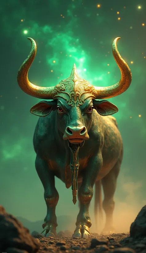 " Develop an ultra detailed 4K image of a titanic and animalistic bull ,  with monumental muscles and metallic skin filled with veins of golden and green light.  Its horns must be enormous and look like sharp blades of star crystal , emitting a faint lumin...