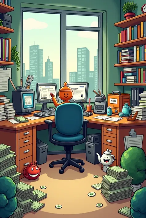 (Cartoon image)  office where you can see some bills (money),  counting machine , teapot , cyclic, 