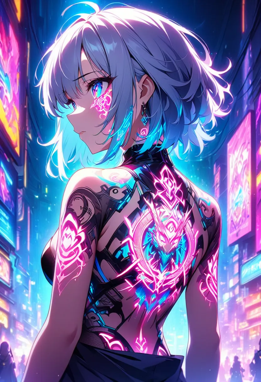 cyberpunk、 a girl is decorated with thick anime art illustrations, glowing neon dragon tattoos on her body and face。the tattoo o...