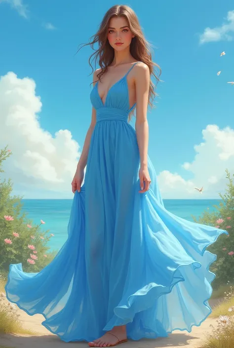 a woman in a blue dress posing for a picture, a picture by Eugene Leroy, trending on reddit, renaissance, sky - blue dress, flowing dress, icey blue dress, short dress, sky blue, blue dress, blue outfit, light blue, asymmetrical!!, summer dress, blue color...