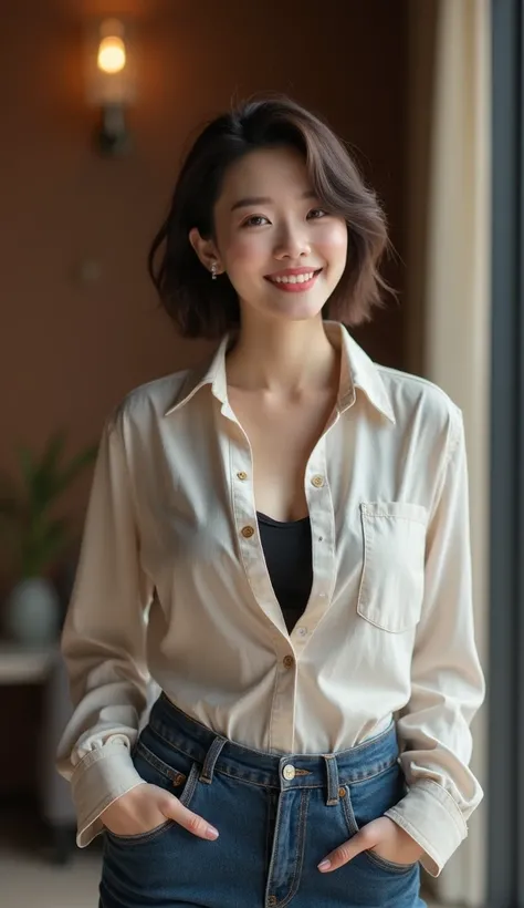  A beautiful Chinese woman with a very temperament，Slightly fat，Short hair， style of Eastern Europeans still exists，A beautiful Chinese woman in trendy casual attire ，In an upscale hotel，Talking to the camera