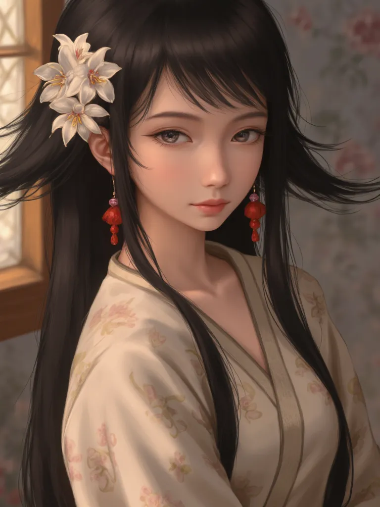 image is a digital illustration featuring a young woman with long, flowing dark hair adorned with delicate white flowers. her sk...