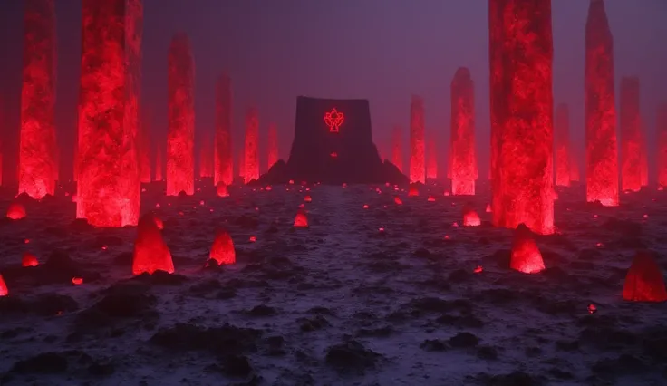 A snowfield where it snows black and red, (((Black and Red colored Snow:1.5))), black snow, red snow, an ancient temple of smooth black stone, the area is covered in giant red crystals that seem to have erupted from the ground below. Glowing red runes can ...