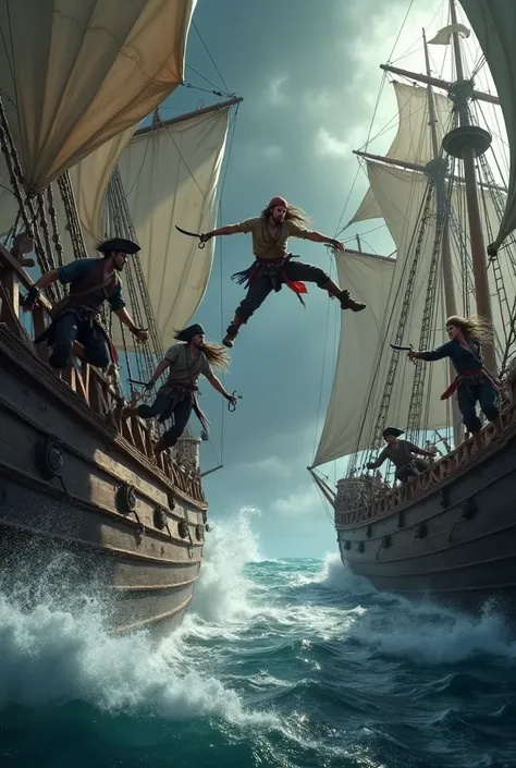 A group of pirates jump and land from ship to ship in a dramatic environment.سفينتان متجاورتان
