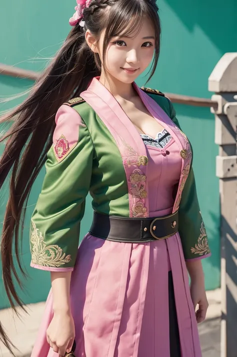 A young and cute Japanese woman with long braided hair combining pink and green colors, wearing a unique military-style uniform with intricate details. The uniform is slightly open around the chest area, revealing a bit of cleavage, emphasizing her curvy f...