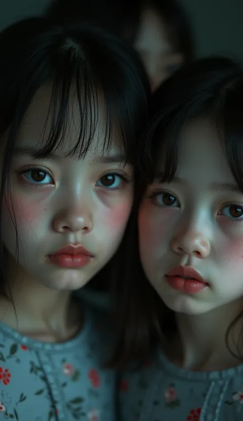 a sad , 3 girls, beautiful detailed eyes, beautiful detailed lips, extremely detailed eyes and face, long eyelashes, detailed portrait, beautiful young girls, ren, cute, adorable, melancholy, somber, moody, dark mood, dramatic lighting, chiaroscuro, muted ...