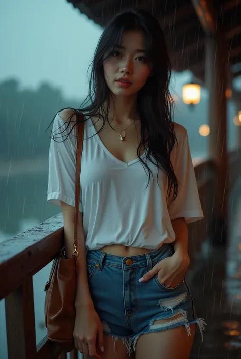 Low angle shot of beautiful so sexy Japanese woman leaning against a wooden railing, fair skin, long spreads hair, very wet, body drenched, cute big bag. Very sexy woman, wearing a loose thin white t-shirt, bare shoulders, ripped denim shorts, hard raining...