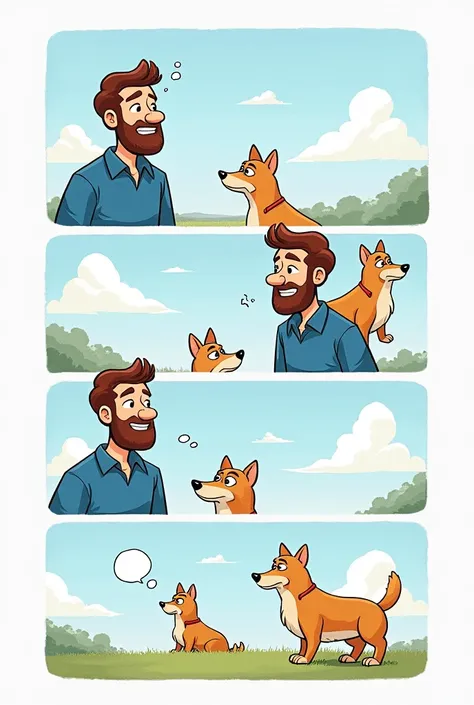 The image is a comic strip with four panels. The first panel shows a man sitting on a bench with a dog in front of him and his friend says to him "Does your dog bite?. The man is wearing a blue shirt and has a speech bubble above his head that reads and hi...