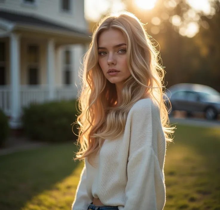 plan de tres loin dune femme aux longs cheveux blonds, une fille aux cheveux blonds, Sydney Sweeney, AMBER HEARD, lumière douce sur le côté, une magnifique blonde,, cheveux blonds et grands yeux, ellie victoria gale, belle stella maeve magicienne, en extér...