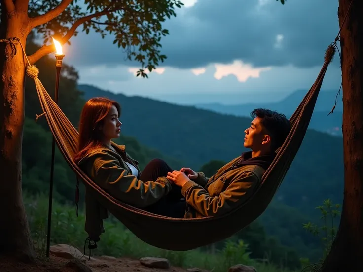 snapshot of an Indonesian handsome man, with a beautiful woman. they are 20 years old and have clean, radiant faces, wearing modern clothes wrapped in cargo jackets, they relax in a hammock tied to a lush tree, an aesthetic wooden hut and a view of the val...