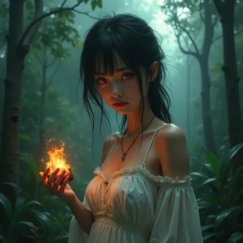  A beautiful asian girl  ,disheveled hair  , wear a white dress  stains on that shirt ,  while holding an obir from the fire  , jungle ,  dark mist Long Hair , 1girl, red eyes , canines , 