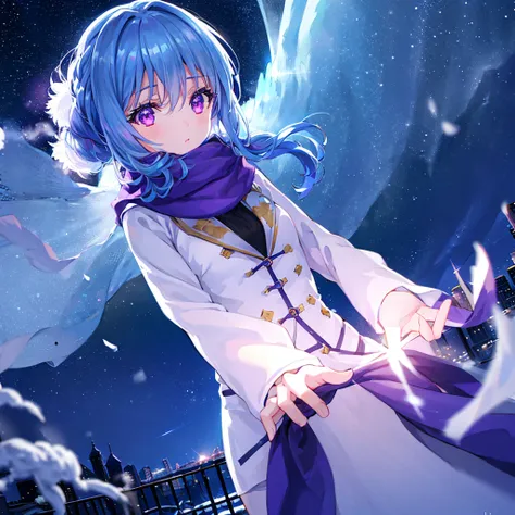 One girl, long hair, sparkling blue hair, purple eyes, winter clothes, scarf, white breath, night, aurora, snow, cityscape, cinematic lighting, lens flare, chromatic aberration, depth of field,
Masterpiece, Top Quality, Very Beautiful, Absurd, Super Detail...