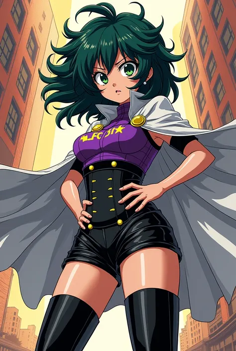 A girl with long messy dark green hair and round big dark green eyes with star shaped pupils, wearing a purple chestblade with yellow patterns, black corset, black shorts and long leather black boots, white cape, make it look like a my hero academia manga ...